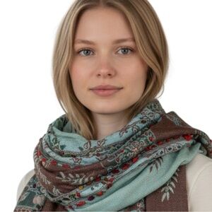 Raj Light Teal and Brown Floral Patterned Women's Scarf
